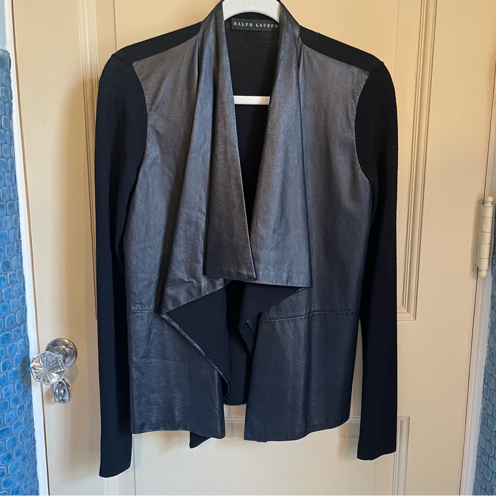 Ralph Lauren black label merino wool paneled leather cardigan sweater